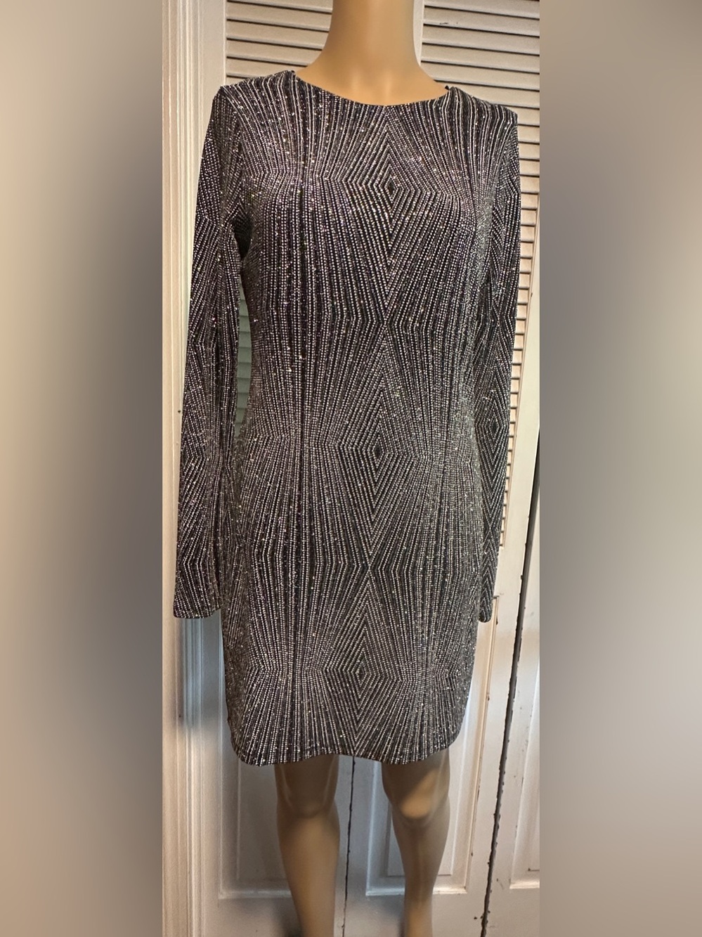 Trixxi Black & Silver Geometric Glitter Dress Open Back Long Sleeves XL